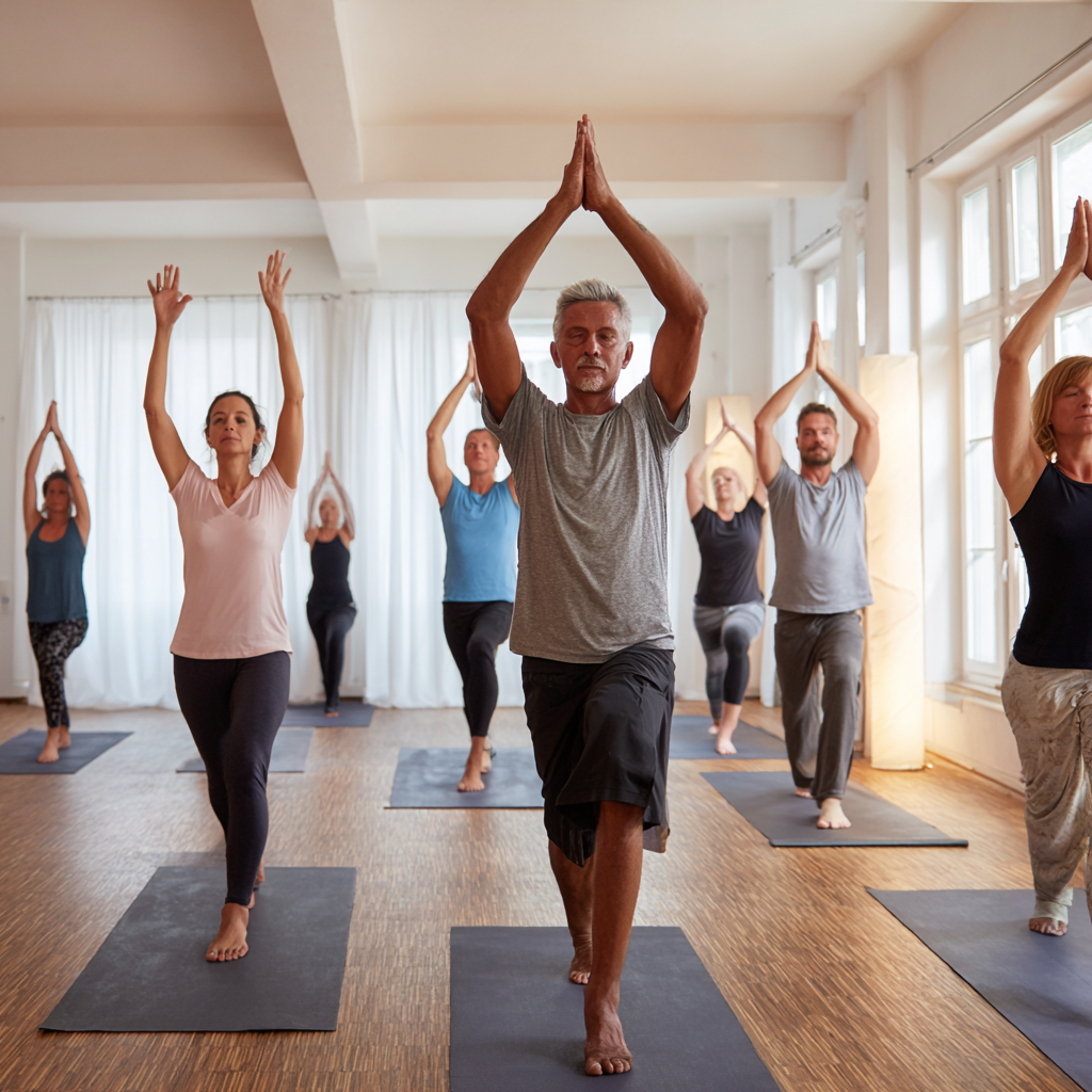 Ruhige Yoga-Szene mit gefalteter Decke und Matte in warmem Licht