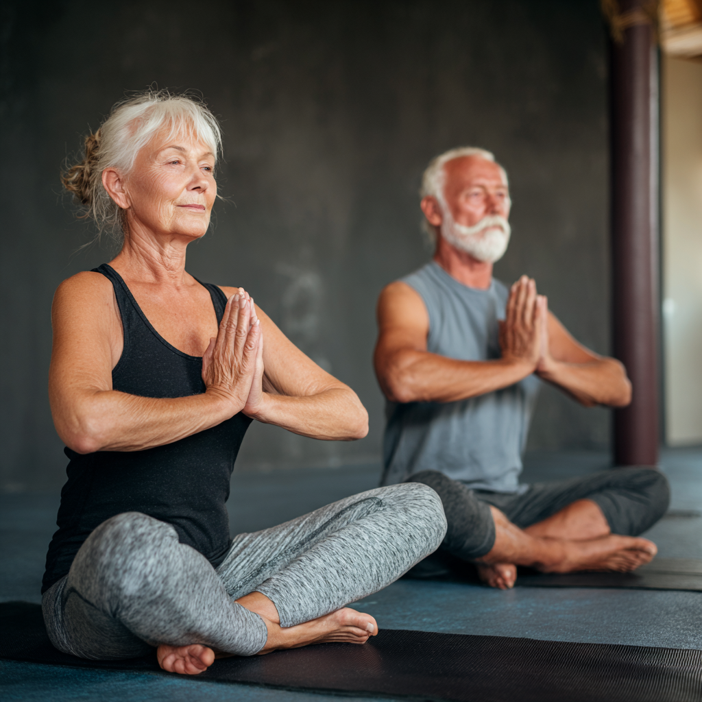 Erwachsene Person in entspannter Yoga-Haltung in einem hellen, ruhigen Studio in Wien
