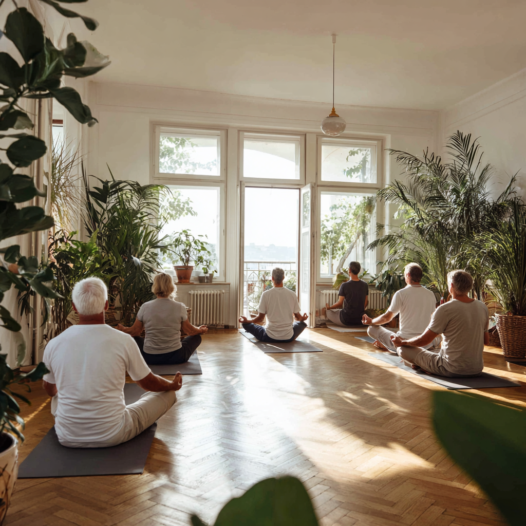 Helles, ruhiges Yoga-Studio mit Holzboden und Pflanzen in Wien